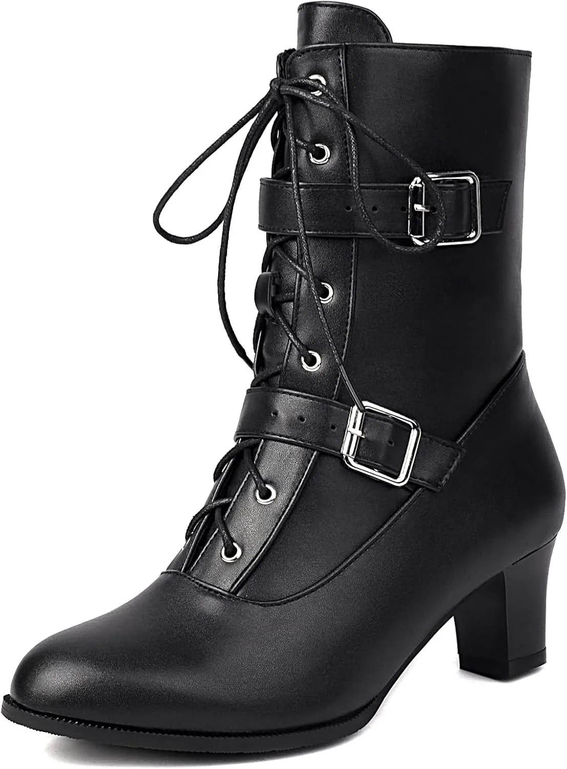 Women Short Ankle Boots Lace Up Bukle Boots Side Zipper Victorian Booties Kitten Heel