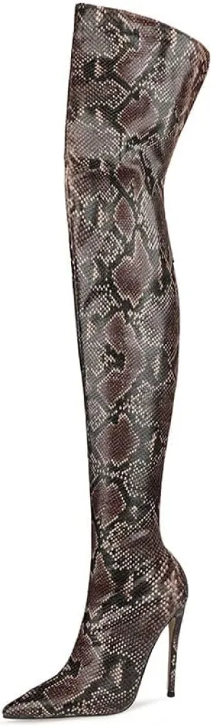Women Snake Skin Prints Over the Knee Dress Boot Pointed Toe High Heel Stiletto Boots with Back Zip