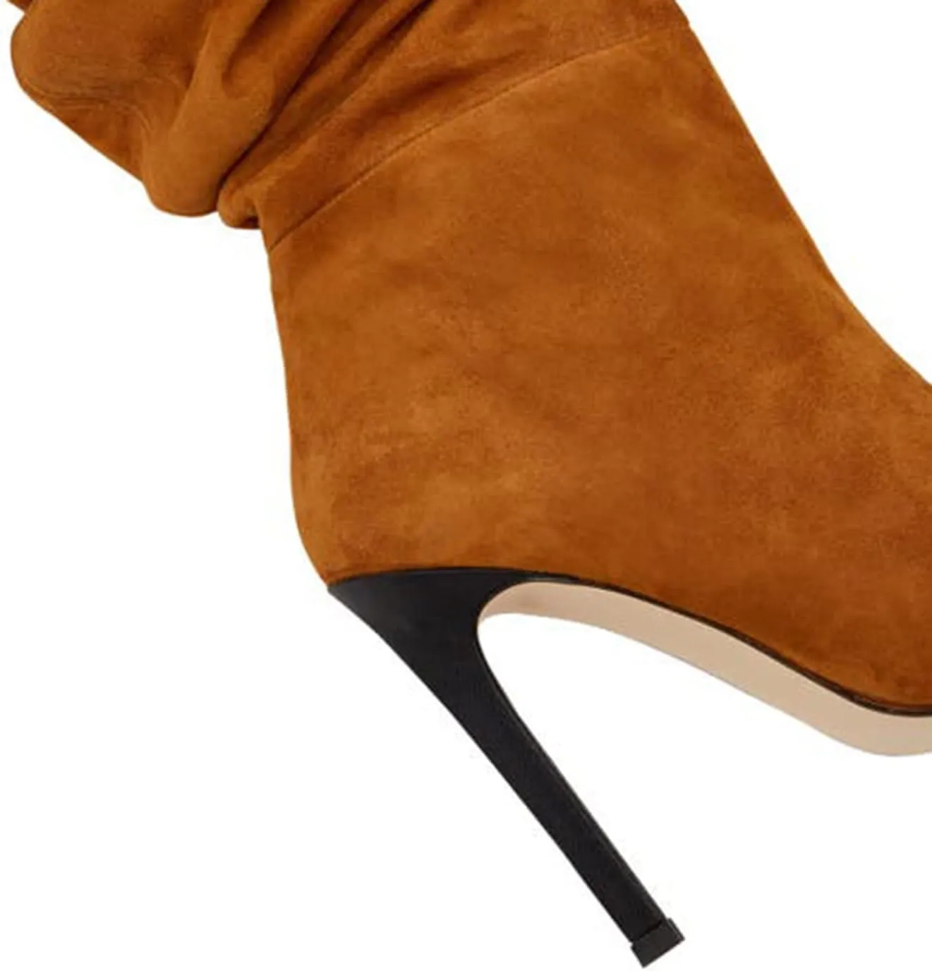 Women Soft Plicated Suede Stiletto Heel Knee High Boots, Sexy Cap Toe Thigh Boots, Retro Patchwork Black Mid-Calf Boots, Stretch Slip-on Winter Warm Boots for Dress up, Full Size 4-16 M US