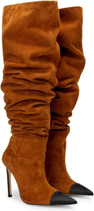 Women Soft Plicated Suede Stiletto Heel Knee High Boots, Sexy Cap Toe Thigh Boots, Retro Patchwork Black Mid-Calf Boots, Stretch Slip-on Winter Warm Boots for Dress up, Full Size 4-16 M US