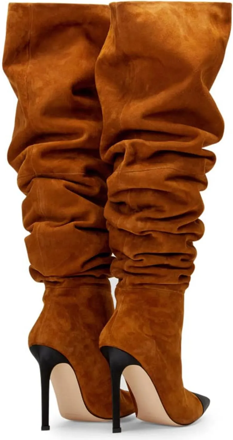 Women Soft Plicated Suede Stiletto Heel Knee High Boots, Sexy Cap Toe Thigh Boots, Retro Patchwork Black Mid-Calf Boots, Stretch Slip-on Winter Warm Boots for Dress up, Full Size 4-16 M US