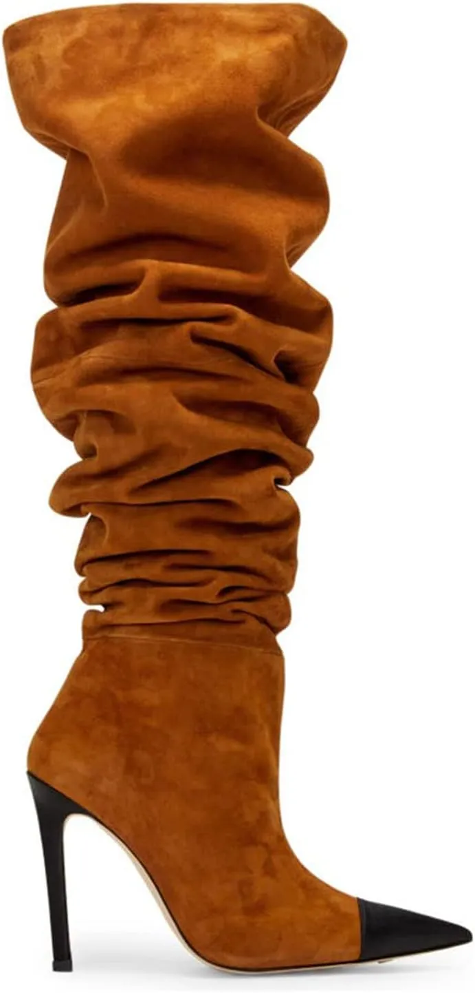 Women Soft Plicated Suede Stiletto Heel Knee High Boots, Sexy Cap Toe Thigh Boots, Retro Patchwork Black Mid-Calf Boots, Stretch Slip-on Winter Warm Boots for Dress up, Full Size 4-16 M US