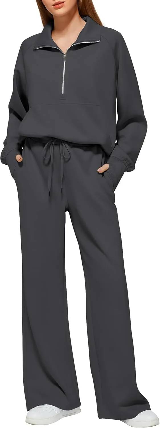 Women's 2 Piece Outfits Lounge Set 2025 Oversized Half Zip Sweatshirt Wide Leg Sweatpant Set Sweatsuit Tracksuit