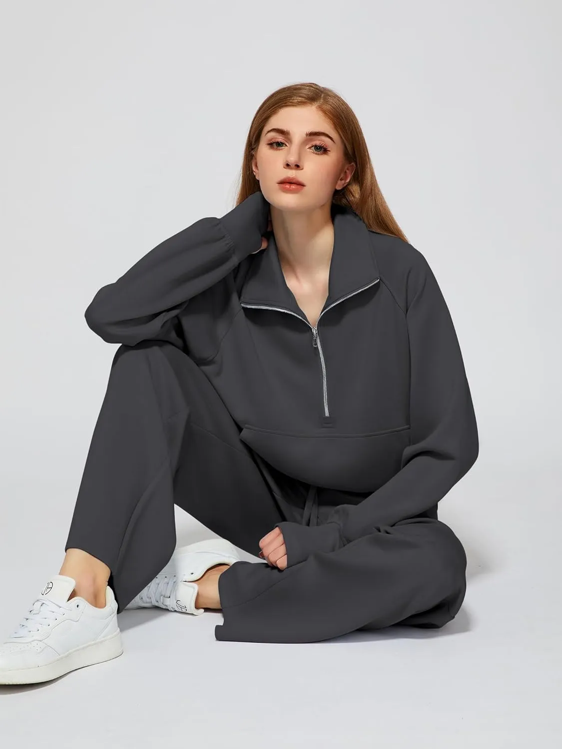 Women's 2 Piece Outfits Lounge Set 2025 Oversized Half Zip Sweatshirt Wide Leg Sweatpant Set Sweatsuit Tracksuit