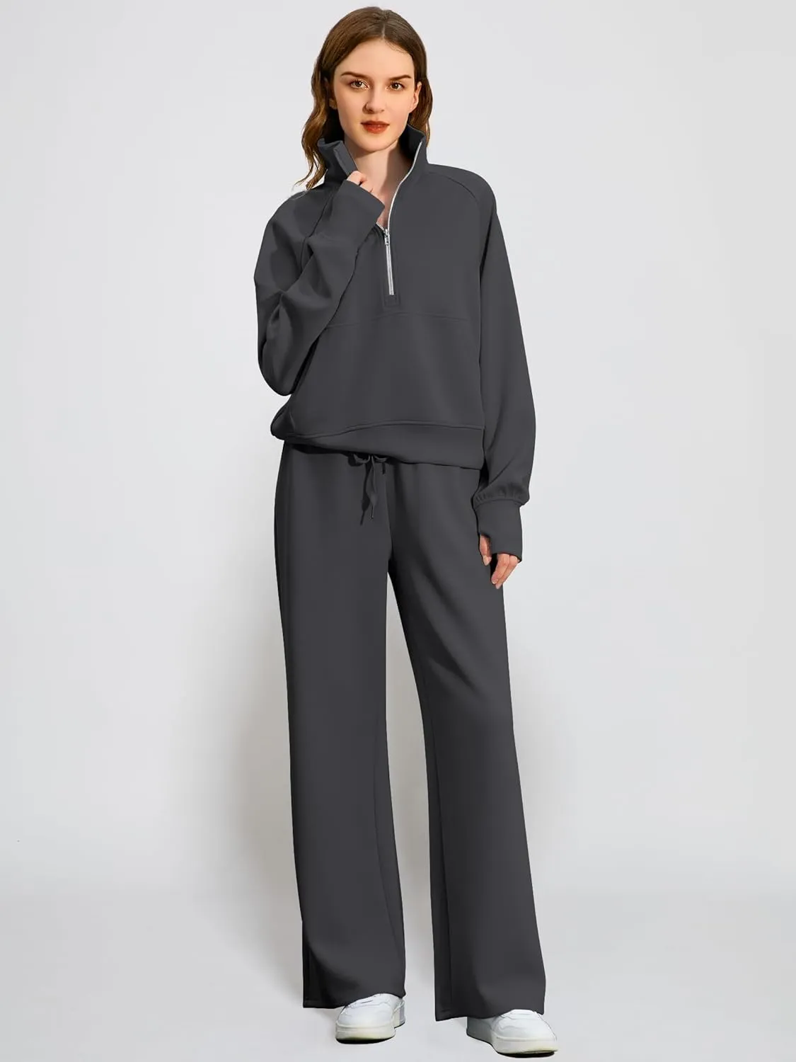 Women's 2 Piece Outfits Lounge Set 2025 Oversized Half Zip Sweatshirt Wide Leg Sweatpant Set Sweatsuit Tracksuit