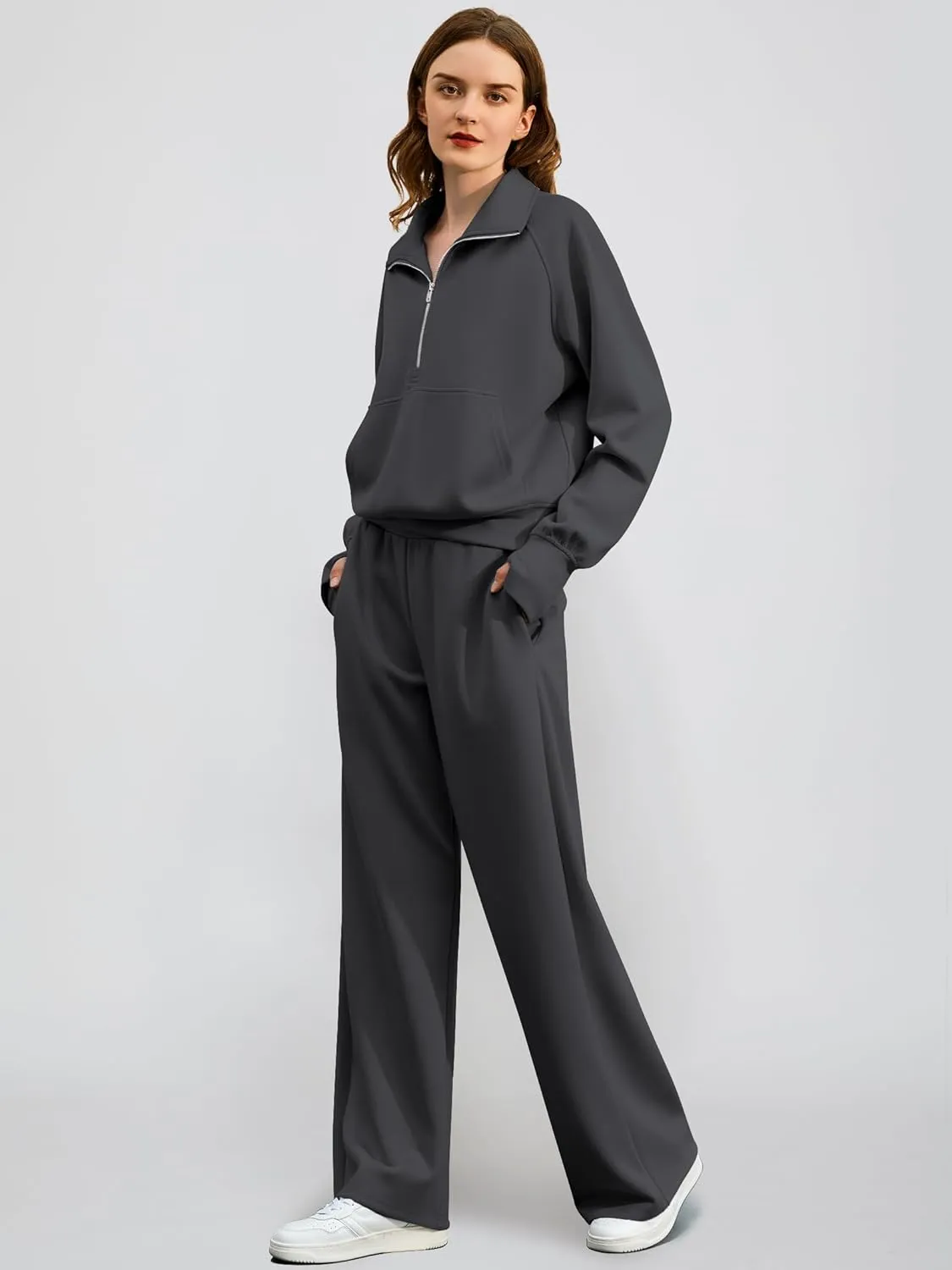 Women's 2 Piece Outfits Lounge Set 2025 Oversized Half Zip Sweatshirt Wide Leg Sweatpant Set Sweatsuit Tracksuit
