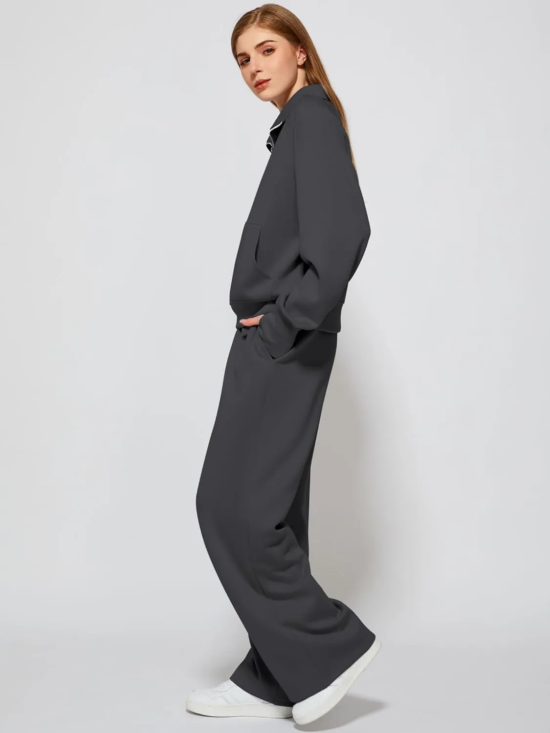 Women's 2 Piece Outfits Lounge Set 2025 Oversized Half Zip Sweatshirt Wide Leg Sweatpant Set Sweatsuit Tracksuit