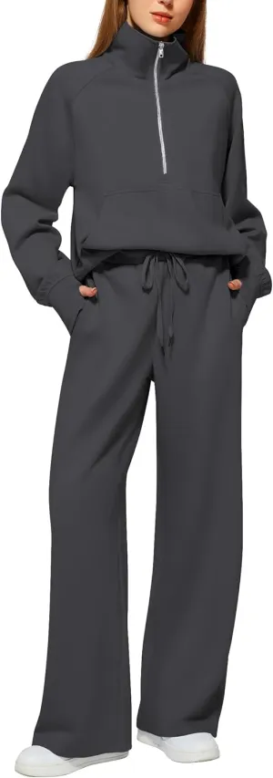 Women's 2 Piece Outfits Lounge Set 2025 Oversized Half Zip Sweatshirt Wide Leg Sweatpant Set Sweatsuit Tracksuit