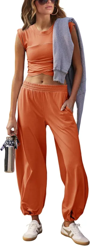 Womens 2 Piece Sweatsuits Sets Casual Workout Cropped Tee Top High Rise Sweatpants Athletic Tracksuits(Rust-M)