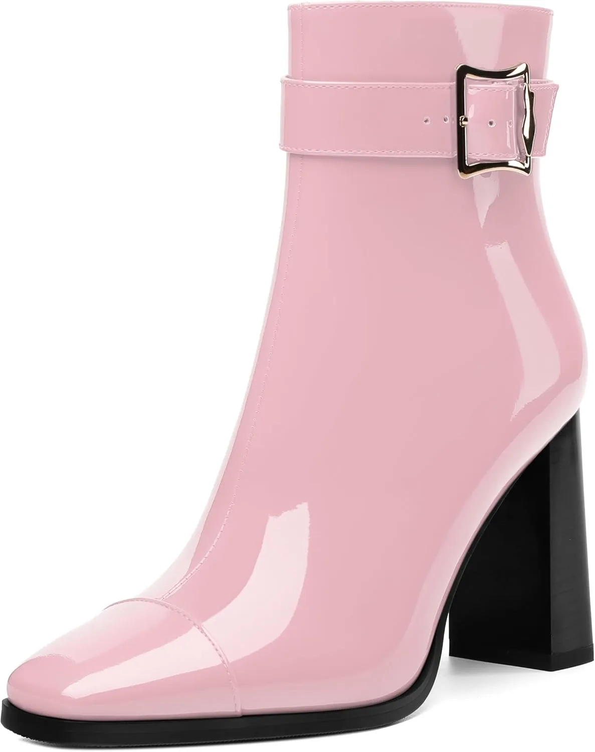 Womens Ankle Boots, Splicing Square Toe Chunky Heel Short Booties for Women, High Heel Ankle Boots with Shaft Strap and Buckle, Inside Zipper 3.5"