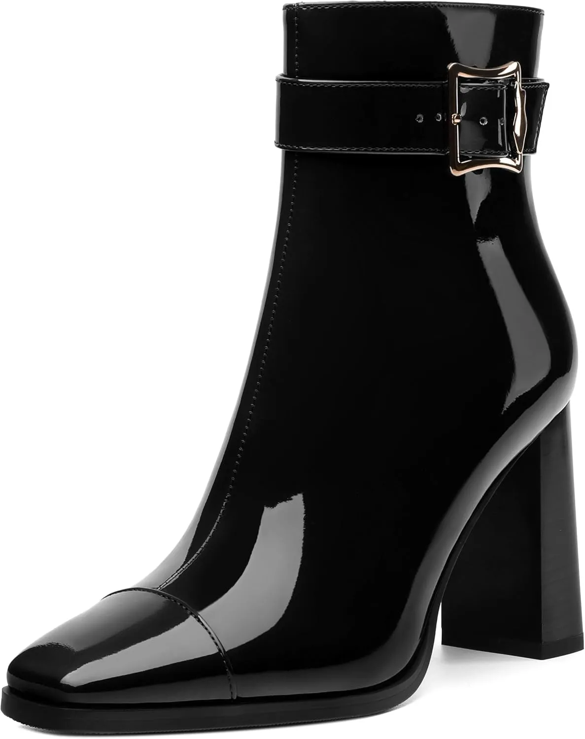 Womens Ankle Boots, Splicing Square Toe Chunky Heel Short Booties for Women, High Heel Ankle Boots with Shaft Strap and Buckle, Inside Zipper 3.5"