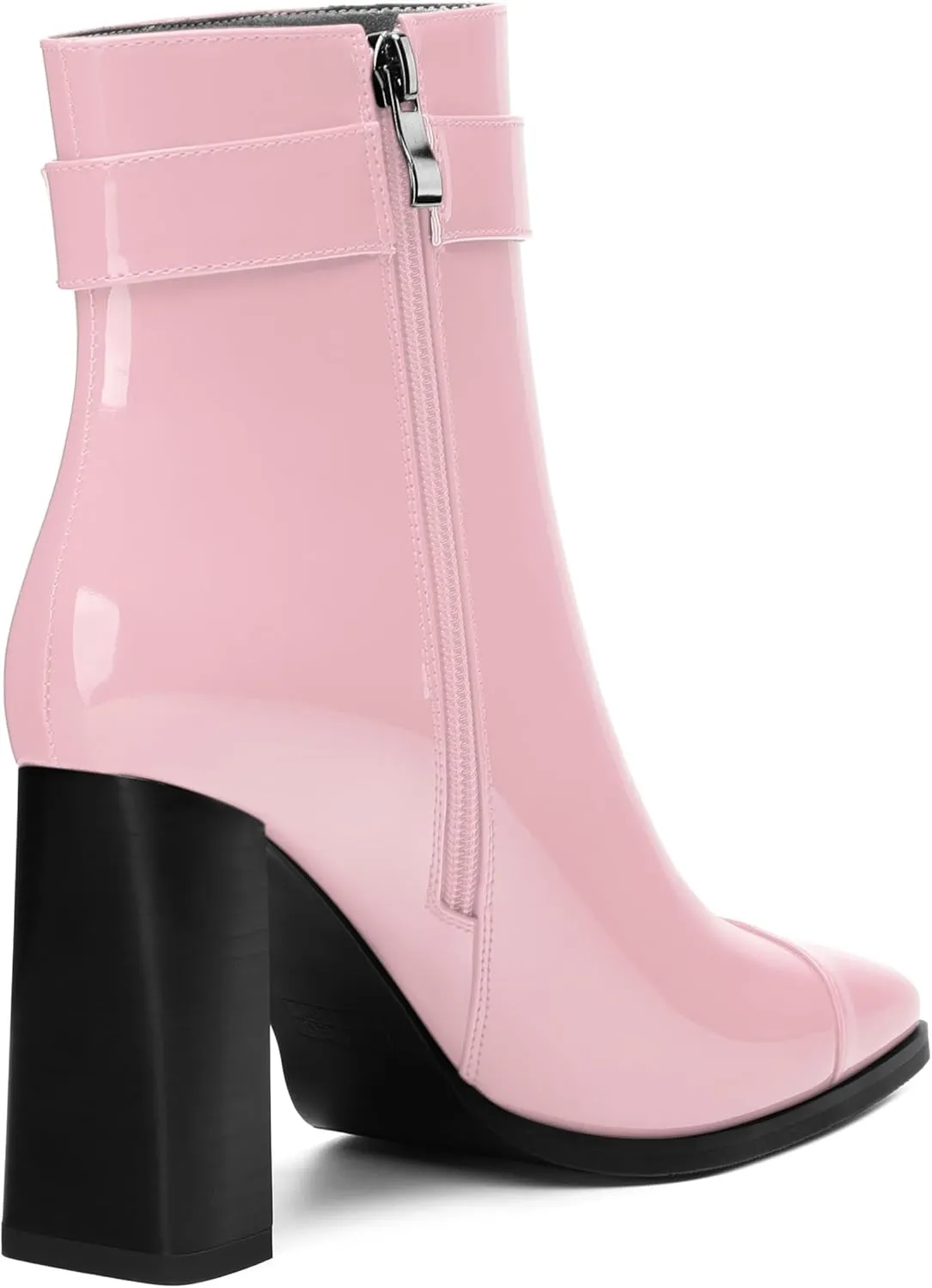 Womens Ankle Boots, Splicing Square Toe Chunky Heel Short Booties for Women, High Heel Ankle Boots with Shaft Strap and Buckle, Inside Zipper 3.5"