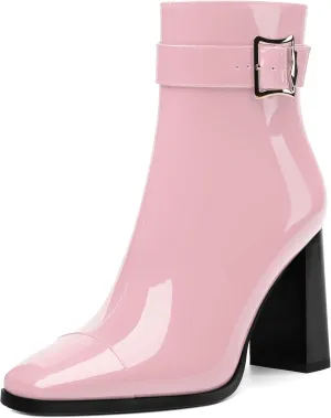 Womens Ankle Boots, Splicing Square Toe Chunky Heel Short Booties for Women, High Heel Ankle Boots with Shaft Strap and Buckle, Inside Zipper 3.5"