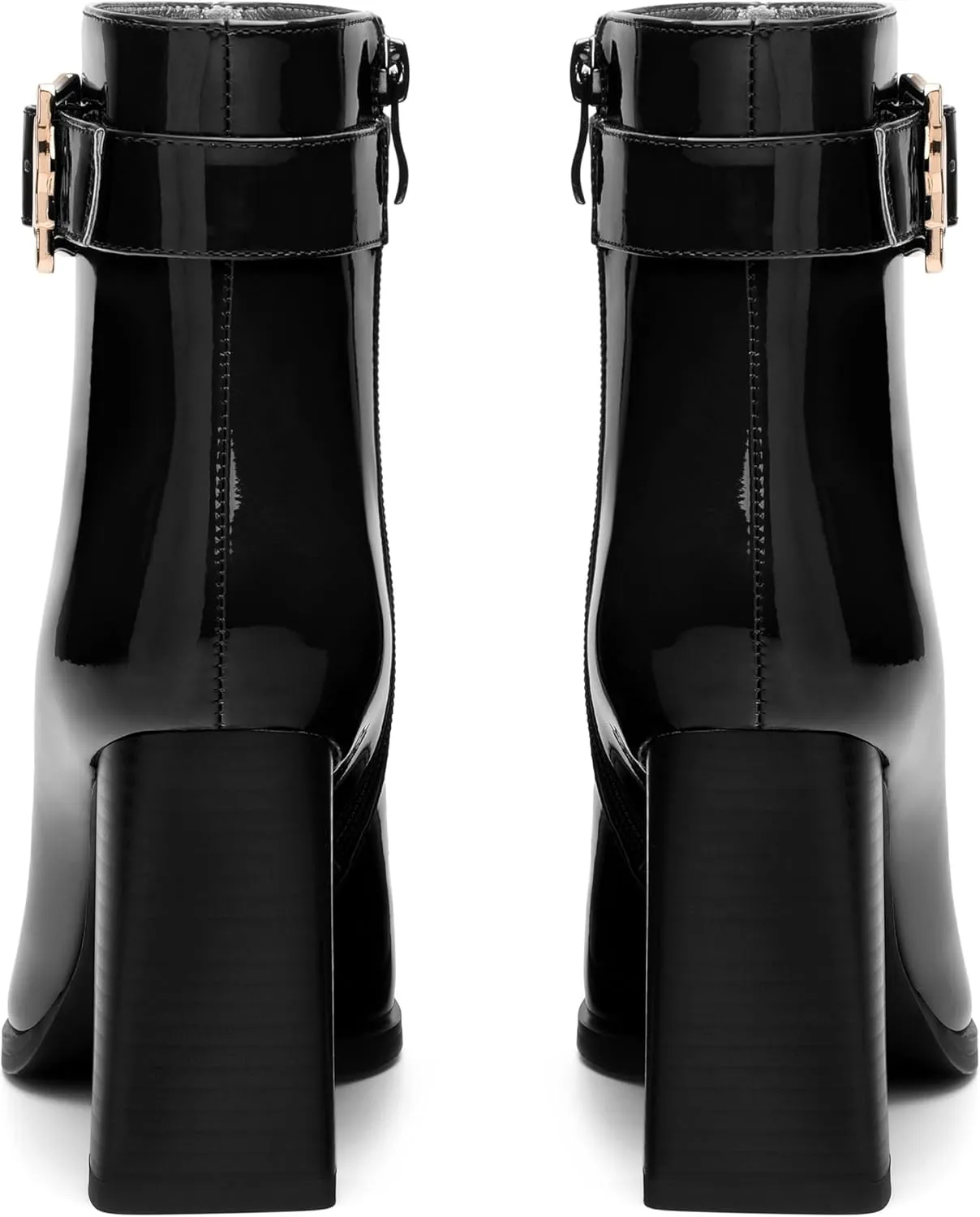 Womens Ankle Boots, Splicing Square Toe Chunky Heel Short Booties for Women, High Heel Ankle Boots with Shaft Strap and Buckle, Inside Zipper 3.5"