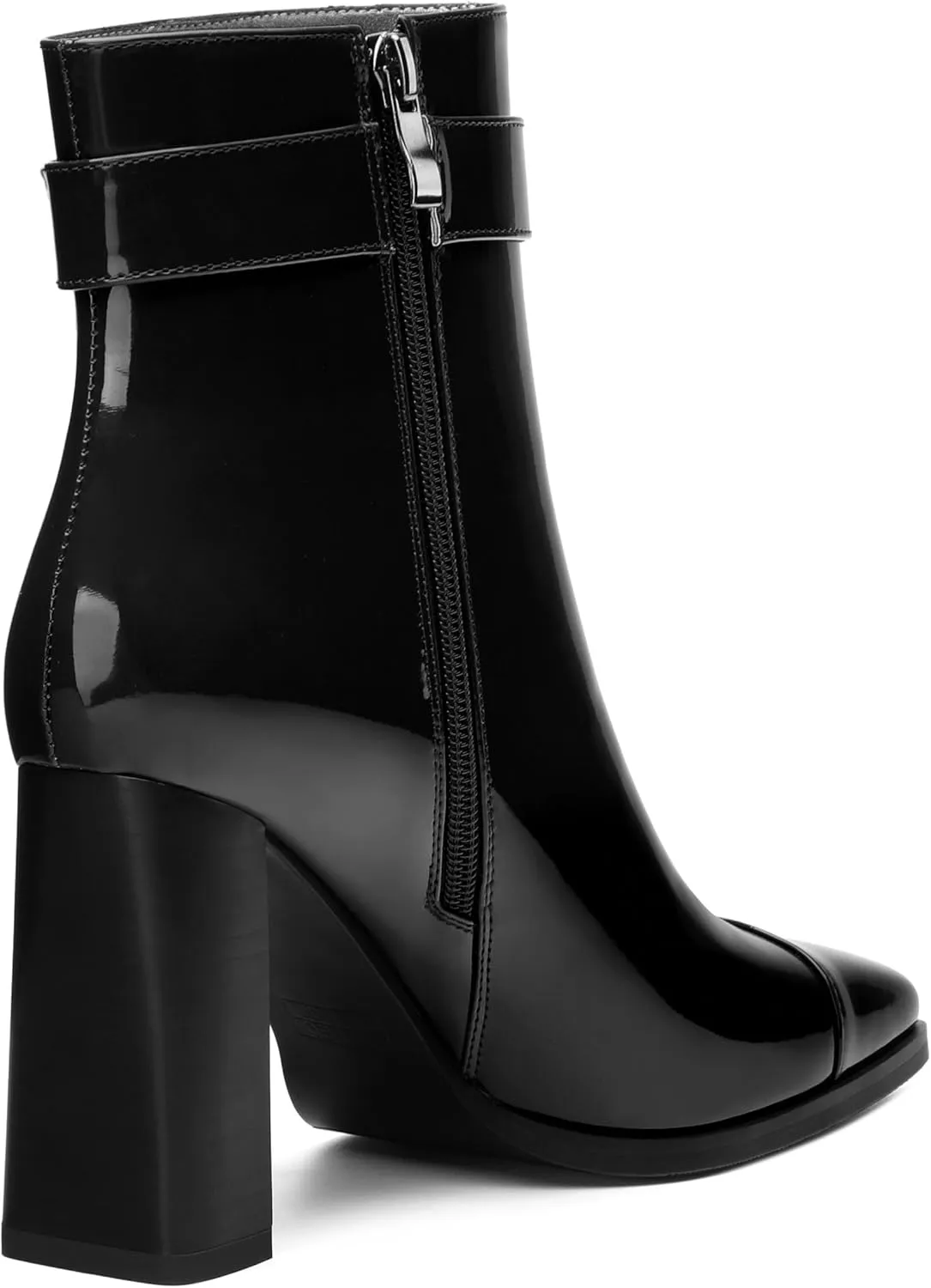 Womens Ankle Boots, Splicing Square Toe Chunky Heel Short Booties for Women, High Heel Ankle Boots with Shaft Strap and Buckle, Inside Zipper 3.5"