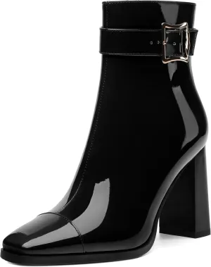 Womens Ankle Boots, Splicing Square Toe Chunky Heel Short Booties for Women, High Heel Ankle Boots with Shaft Strap and Buckle, Inside Zipper 3.5"