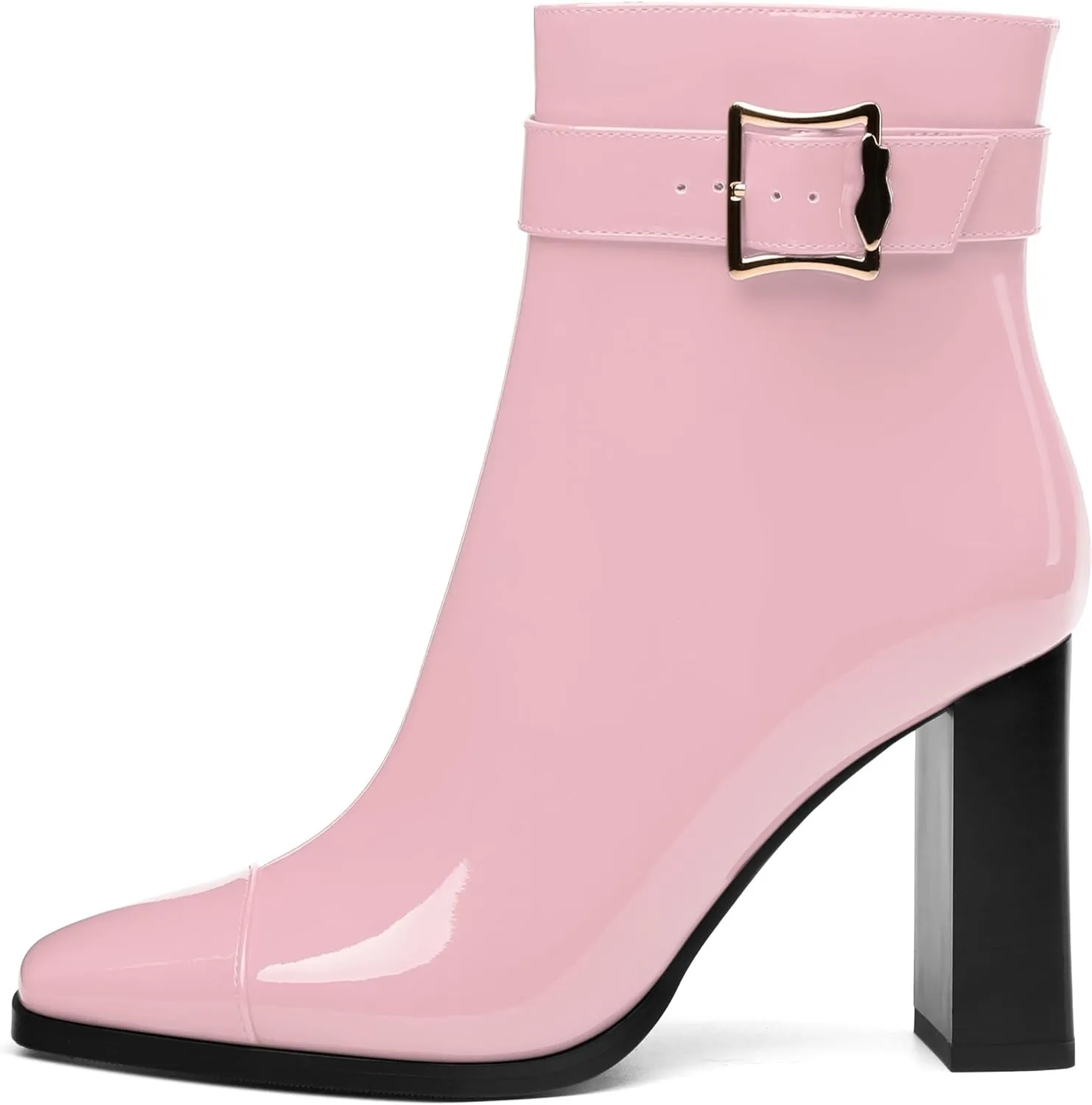 Womens Ankle Boots, Splicing Square Toe Chunky Heel Short Booties for Women, High Heel Ankle Boots with Shaft Strap and Buckle, Inside Zipper 3.5"