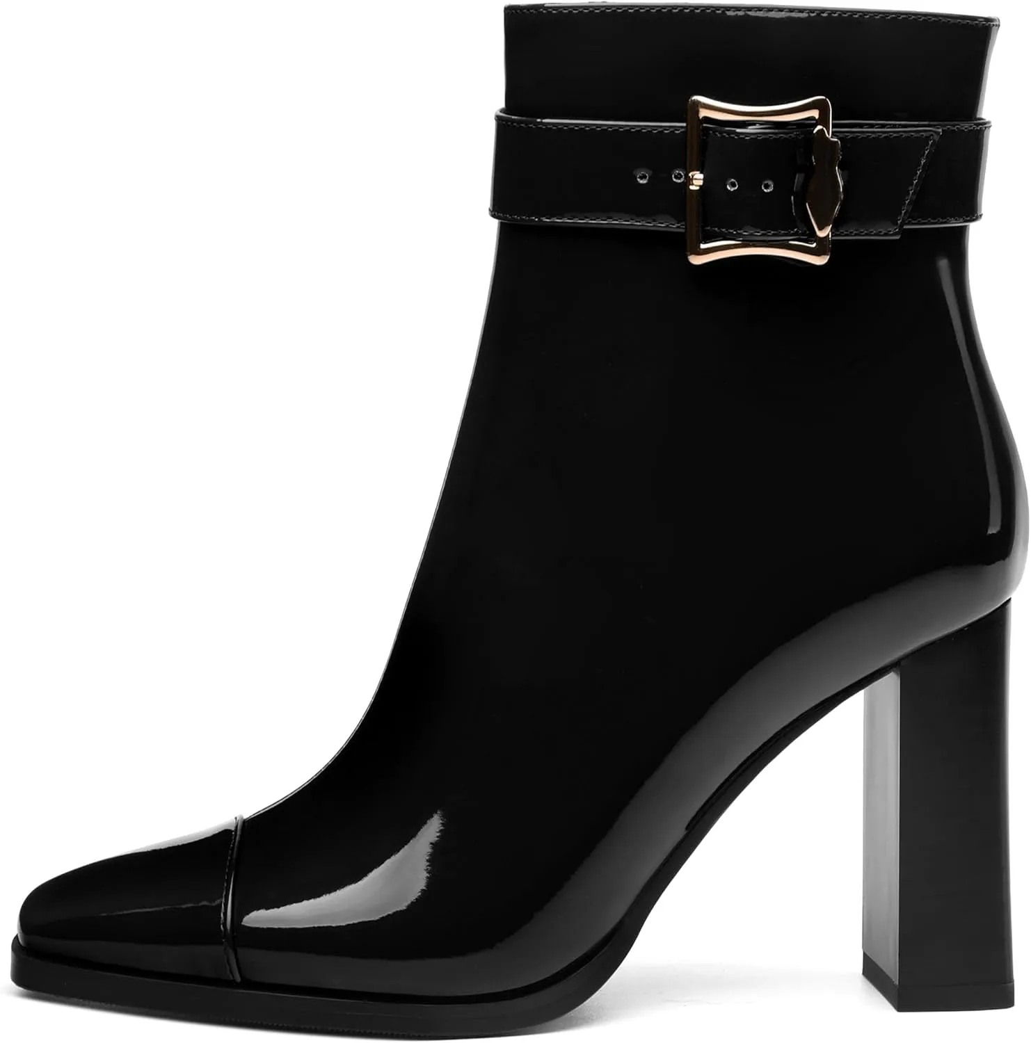 Womens Ankle Boots, Splicing Square Toe Chunky Heel Short Booties for Women, High Heel Ankle Boots with Shaft Strap and Buckle, Inside Zipper 3.5"