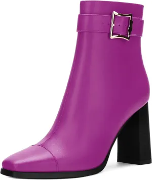Womens Ankle Boots, Square Toe Chunky Heel Short Booties for Women, High Heel Ankle Boots With Strap and Buckle, Inside Zipper Closure 3.5"