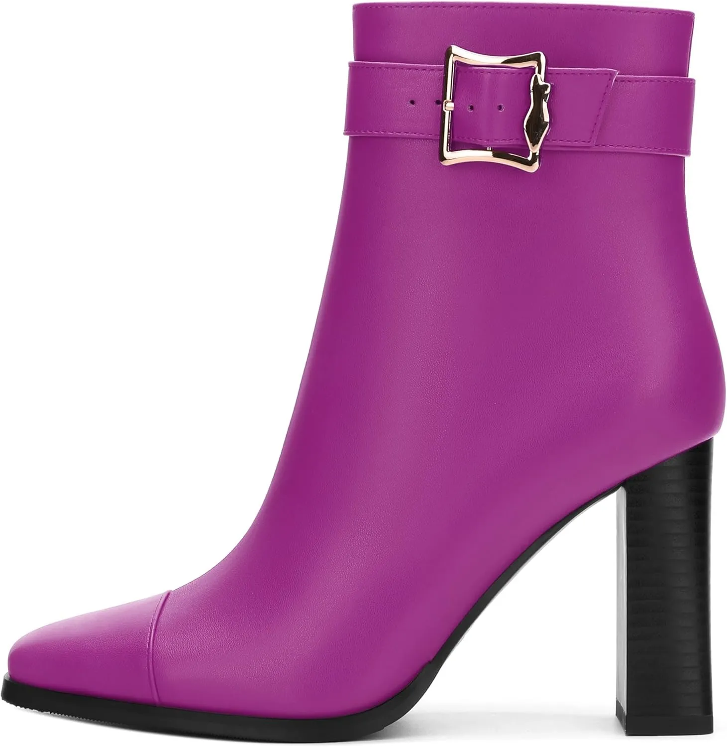 Womens Ankle Boots, Square Toe Chunky Heel Short Booties for Women, High Heel Ankle Boots With Strap and Buckle, Inside Zipper Closure 3.5"