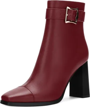 Womens Ankle Boots, Square Toe Chunky Heel Short Booties for Women, High Heel Ankle Boots With Strap and Buckle, Inside Zipper Closure 3.5"