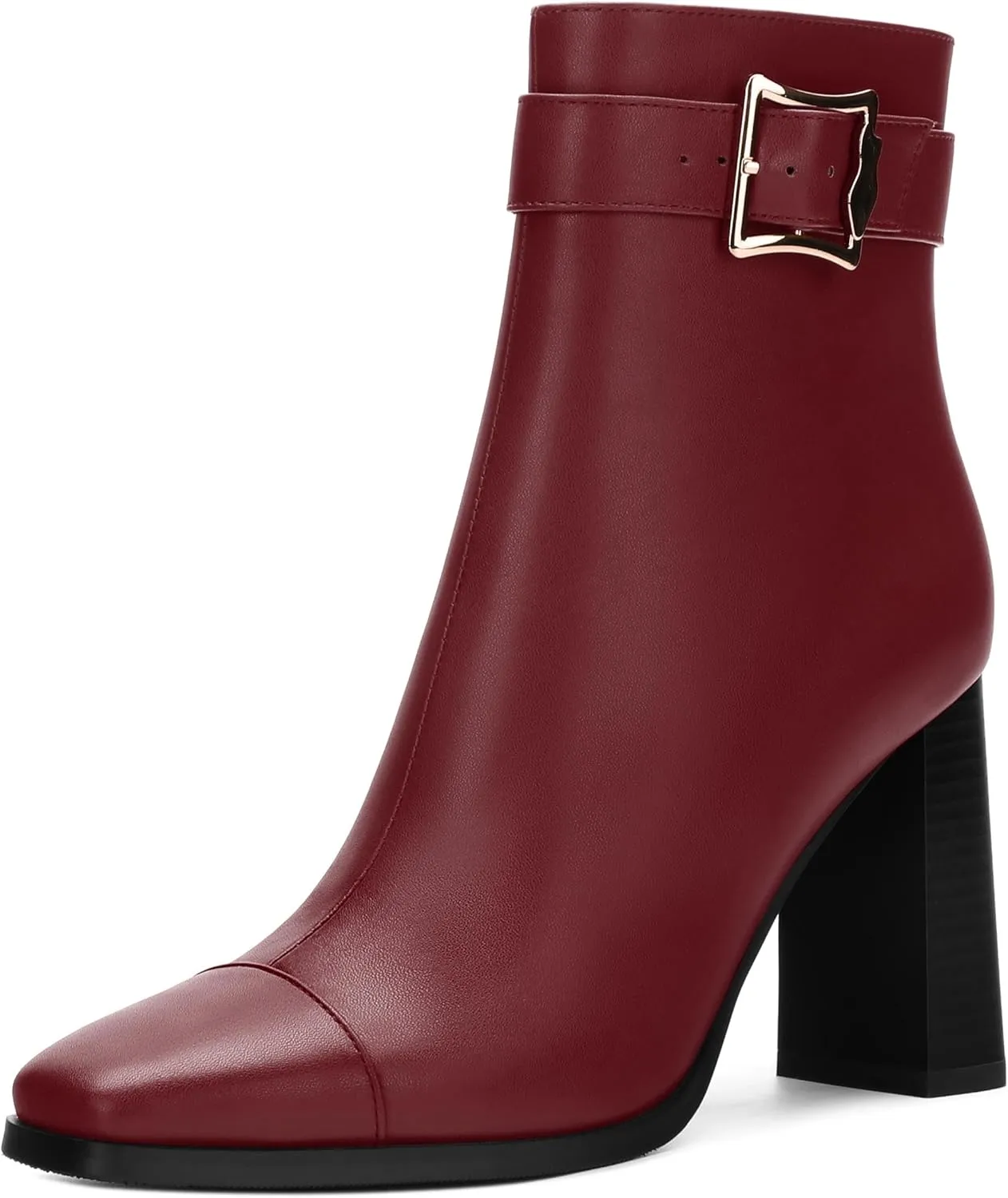 Womens Ankle Boots, Square Toe Chunky Heel Short Booties for Women, High Heel Ankle Boots With Strap and Buckle, Inside Zipper Closure 3.5"