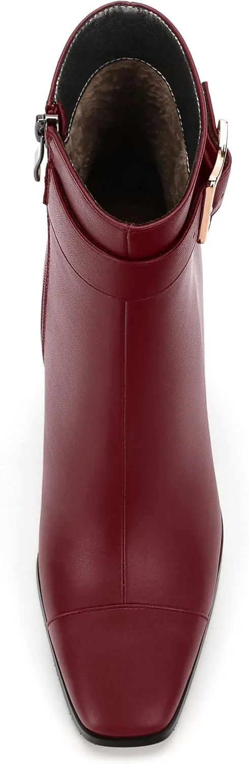 Womens Ankle Boots, Square Toe Chunky Heel Short Booties for Women, High Heel Ankle Boots With Strap and Buckle, Inside Zipper Closure 3.5"