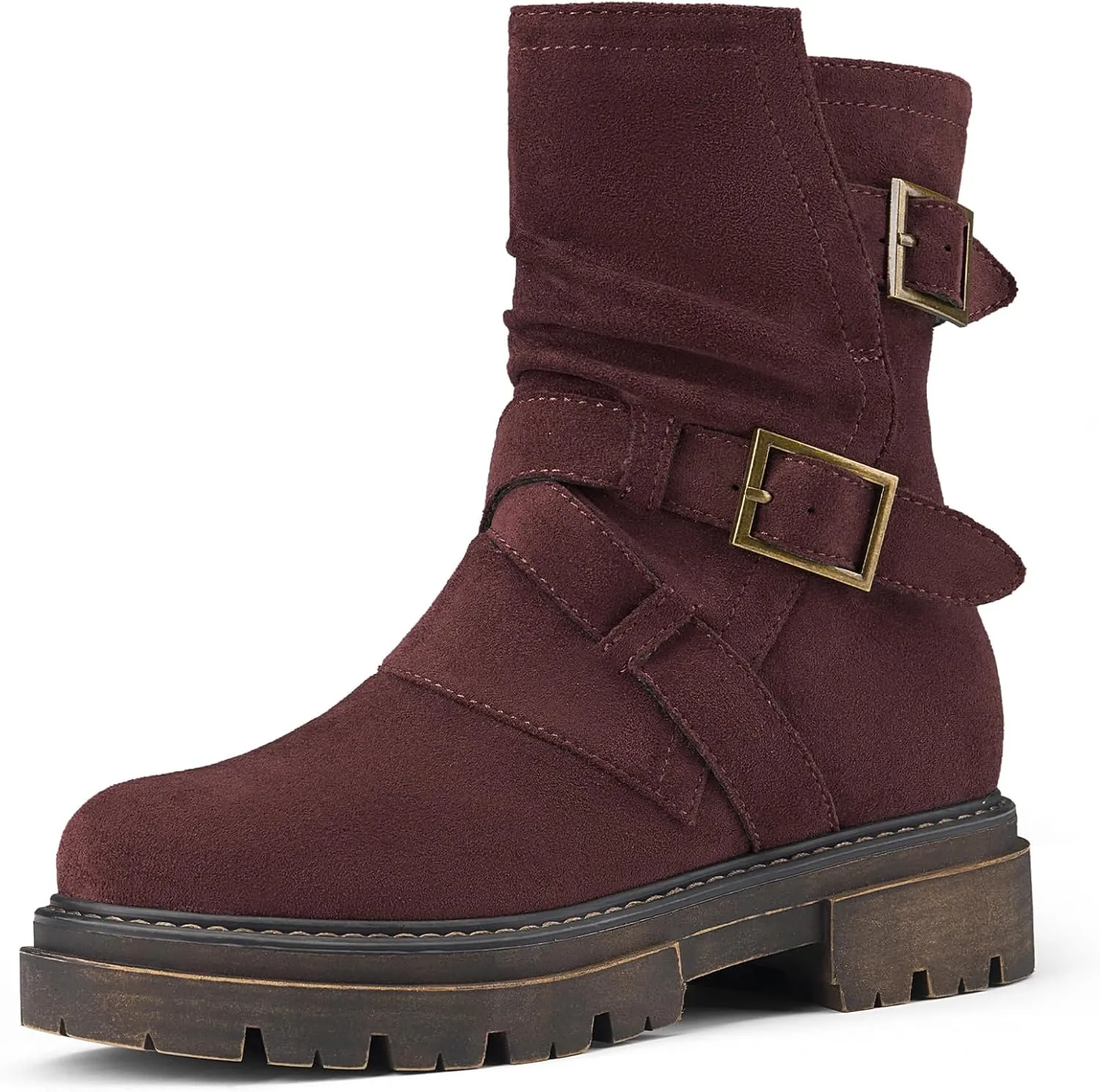 Women's Biker Boots Motorcycle Boots Buckle Mid Calf Boots Low Heel Combat Riding Military Boots for Women
