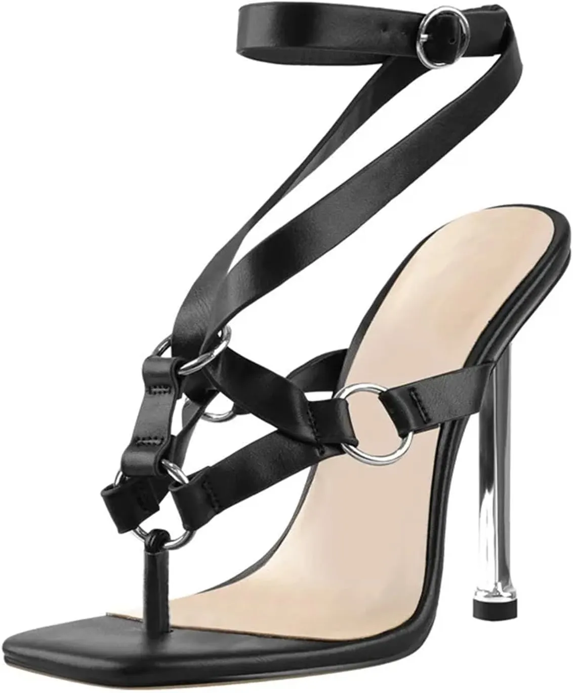 Women's Black Metal Heel Flip Flops - Buckle Split Toe, Casual Daily Stilettos