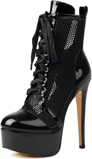 Women's Black Sexy Mesh Closed Toe Ankle Boots Lace-Up Breathable Platform High Heel Bootis