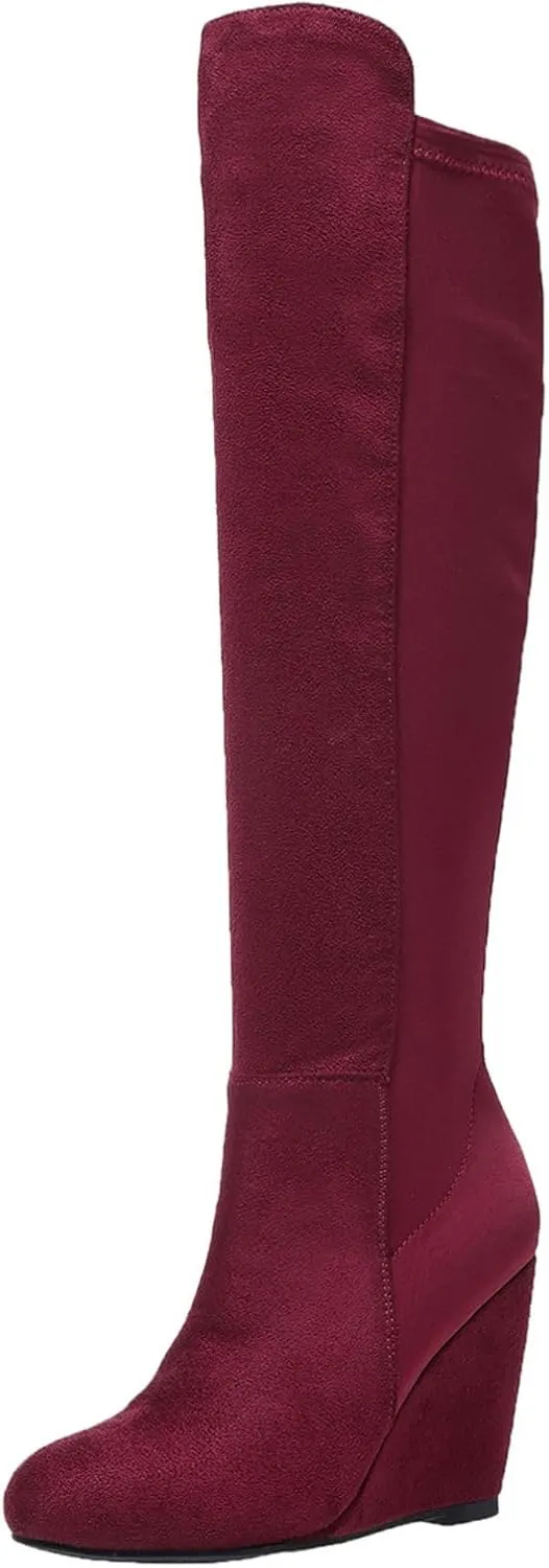 Womens Boots Knee High Wide Calf Stretchy Tall Boots Wedge Heel Comfortable Round Toe Fashion Dressy Boot, US Size 6-11