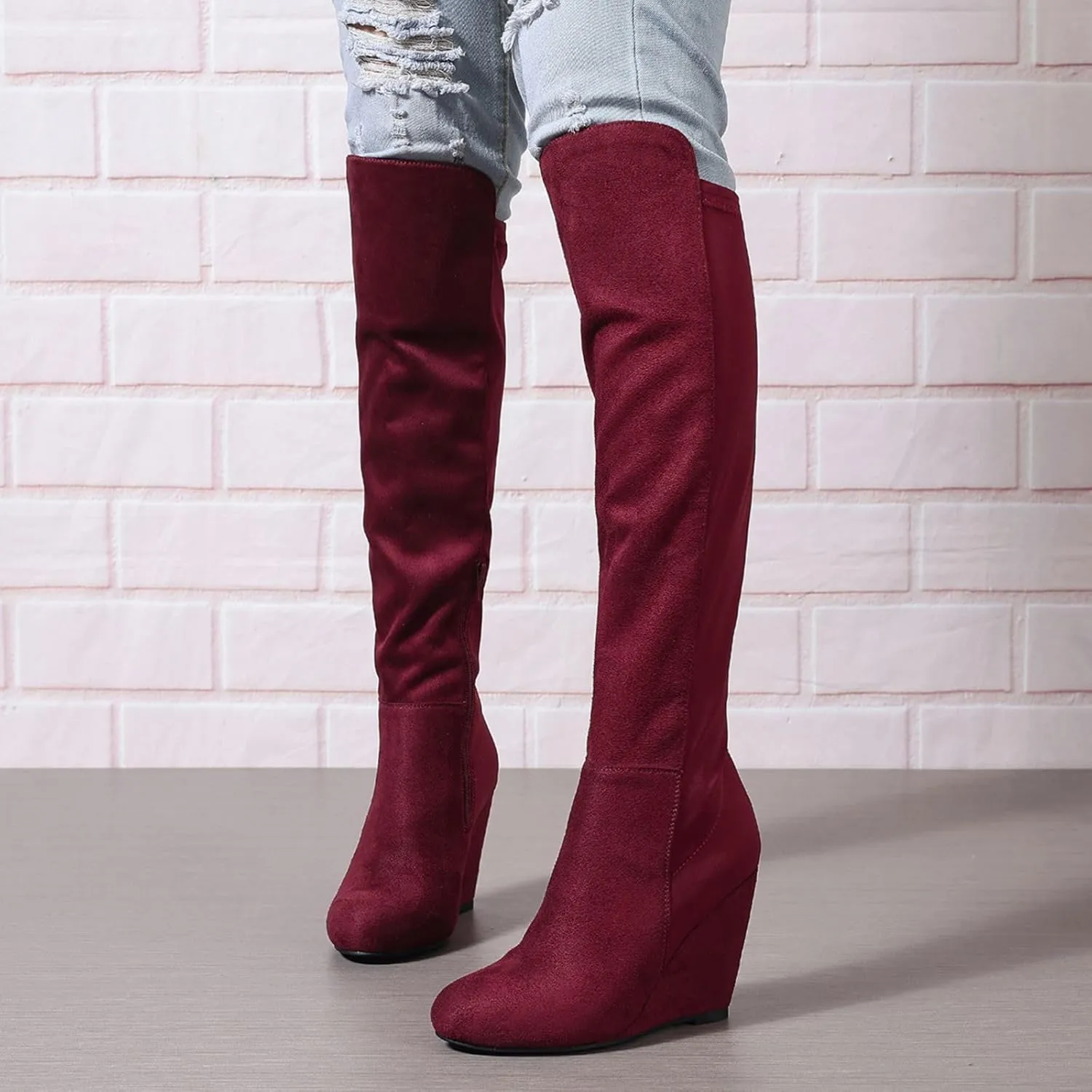 Womens Boots Knee High Wide Calf Stretchy Tall Boots Wedge Heel Comfortable Round Toe Fashion Dressy Boot, US Size 6-11