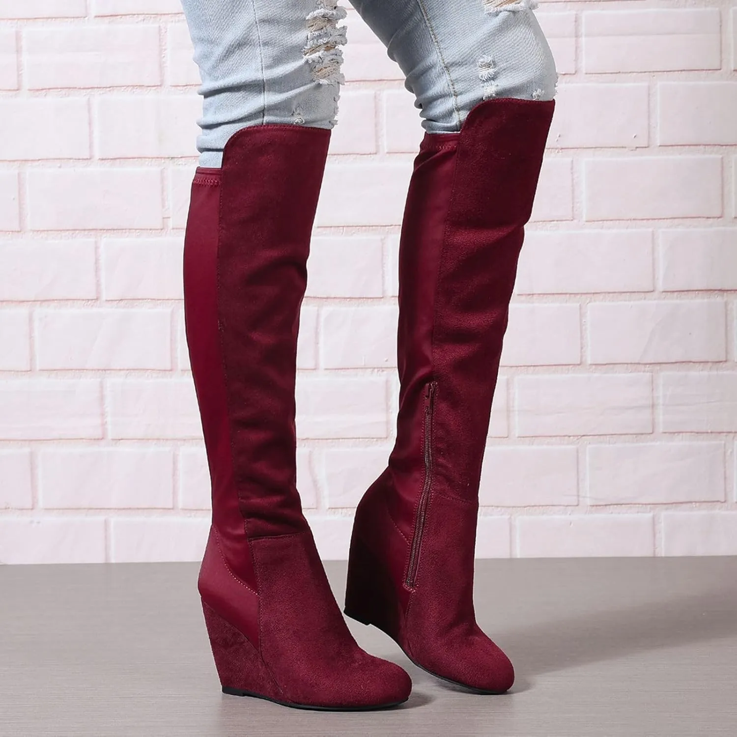 Womens Boots Knee High Wide Calf Stretchy Tall Boots Wedge Heel Comfortable Round Toe Fashion Dressy Boot, US Size 6-11