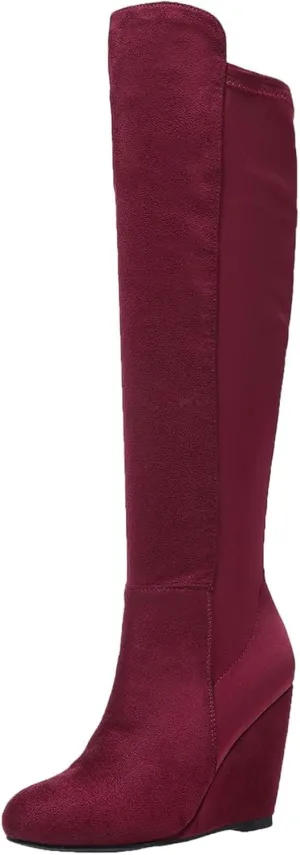 Womens Boots Knee High Wide Calf Stretchy Tall Boots Wedge Heel Comfortable Round Toe Fashion Dressy Boot, US Size 6-11