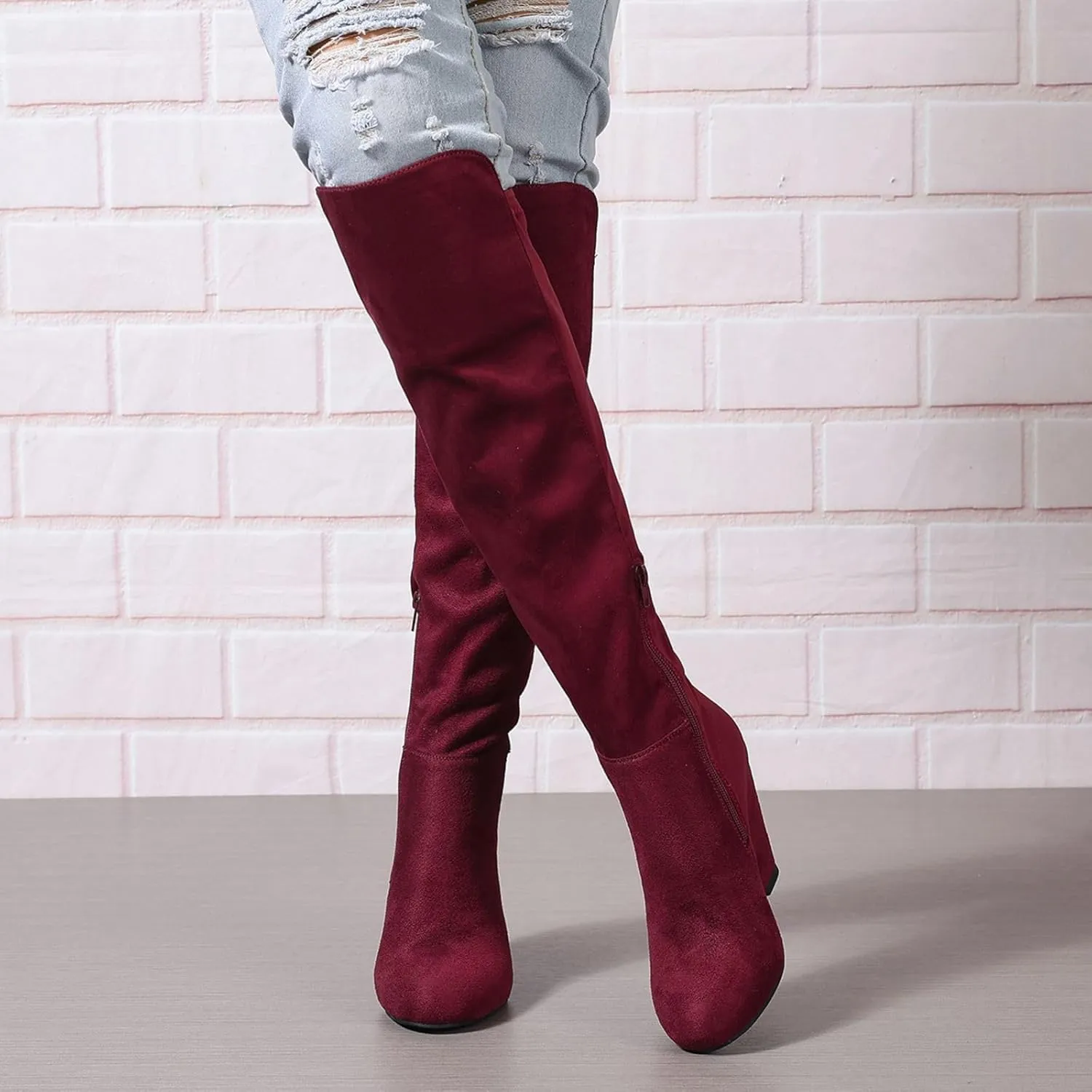 Womens Boots Knee High Wide Calf Stretchy Tall Boots Wedge Heel Comfortable Round Toe Fashion Dressy Boot, US Size 6-11