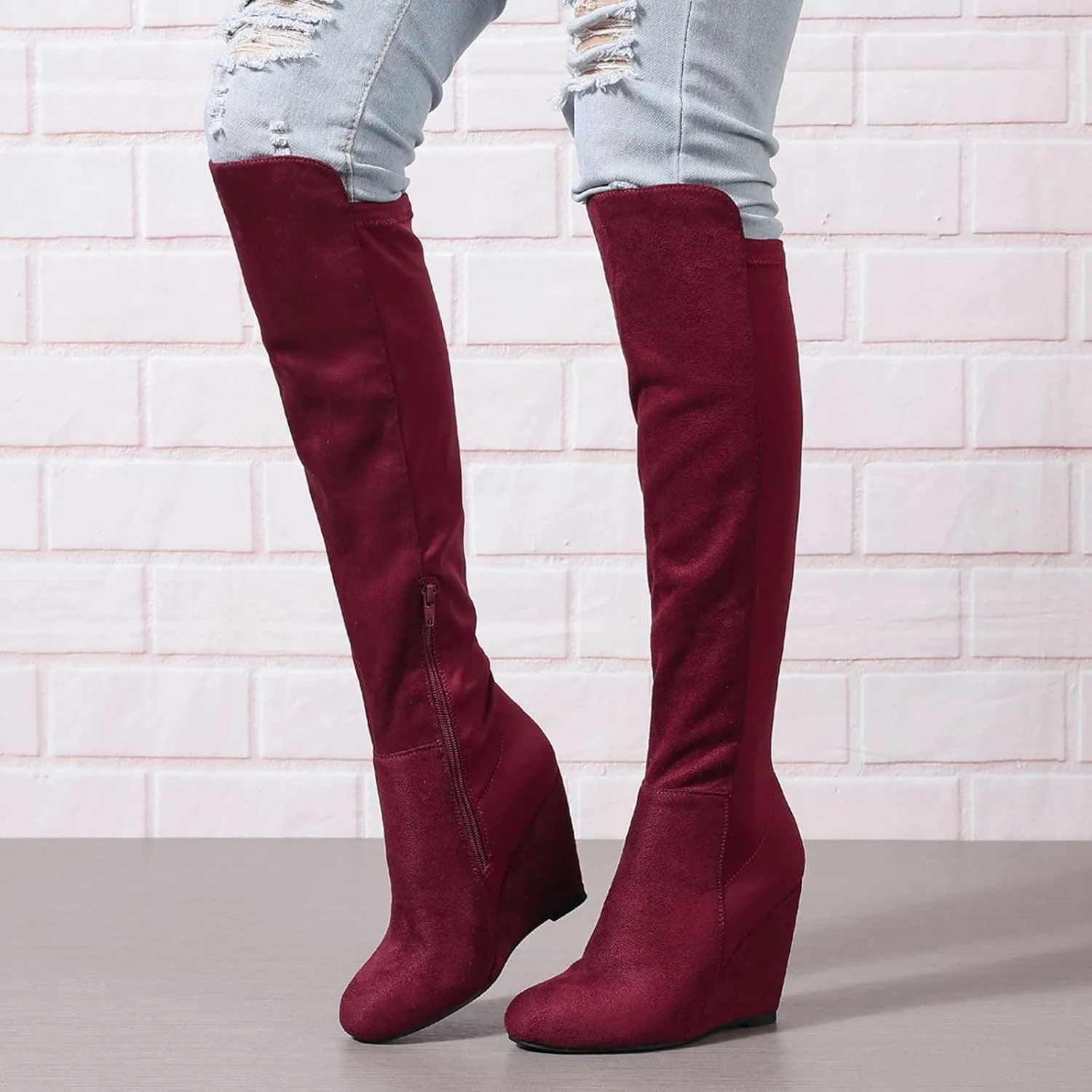 Womens Boots Knee High Wide Calf Stretchy Tall Boots Wedge Heel Comfortable Round Toe Fashion Dressy Boot, US Size 6-11