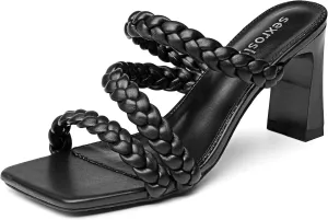 Women's Braided Square Heels Sandals Strappy Open Toe Chunky Heel Block High Heel Dress Sandals Mules Slip On Fashion High Heel Slippers
