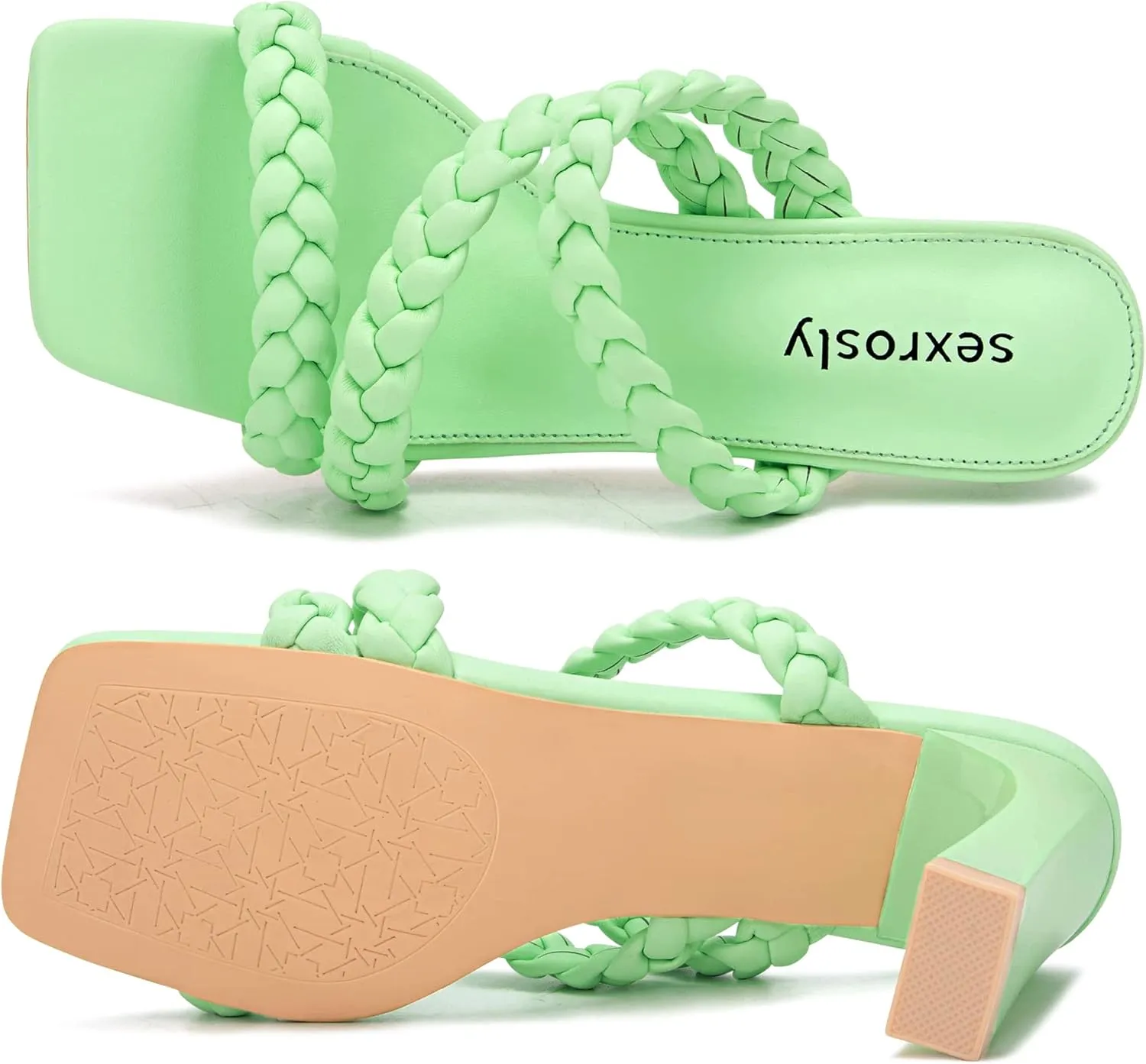 Women's Braided Square Heels Sandals Strappy Open Toe Chunky Heel Block High Heel Dress Sandals Mules Slip On Fashion High Heel Slippers