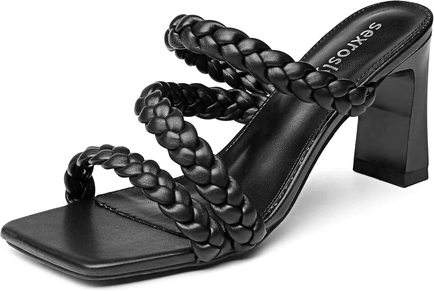 Women's Braided Square Heels Sandals Strappy Open Toe Chunky Heel Block High Heel Dress Sandals Mules Slip On Fashion High Heel Slippers