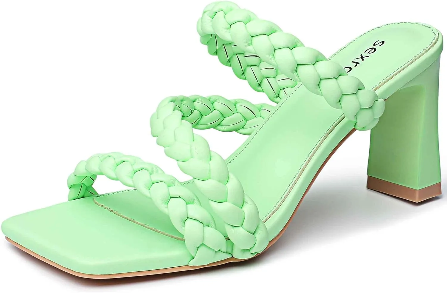 Women's Braided Square Heels Sandals Strappy Open Toe Chunky Heel Block High Heel Dress Sandals Mules Slip On Fashion High Heel Slippers