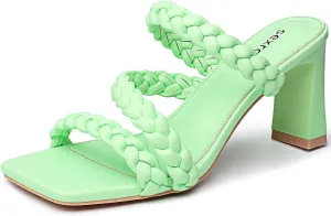 Women's Braided Square Heels Sandals Strappy Open Toe Chunky Heel Block High Heel Dress Sandals Mules Slip On Fashion High Heel Slippers