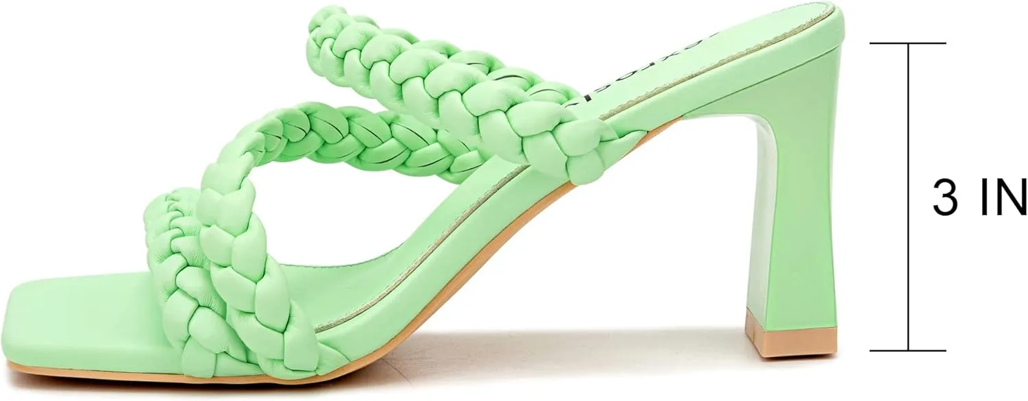 Women's Braided Square Heels Sandals Strappy Open Toe Chunky Heel Block High Heel Dress Sandals Mules Slip On Fashion High Heel Slippers