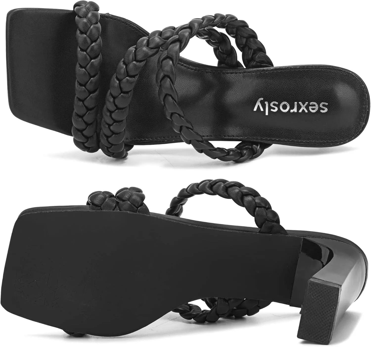 Women's Braided Square Heels Sandals Strappy Open Toe Chunky Heel Block High Heel Dress Sandals Mules Slip On Fashion High Heel Slippers