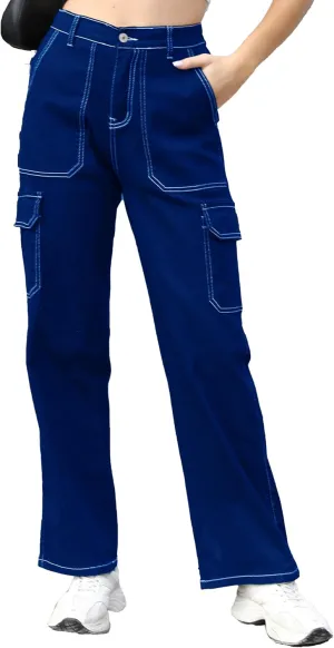 Womens Cargo Denim Jeans High Waisted Stretchy Flap Pocket Straight Leg Pants