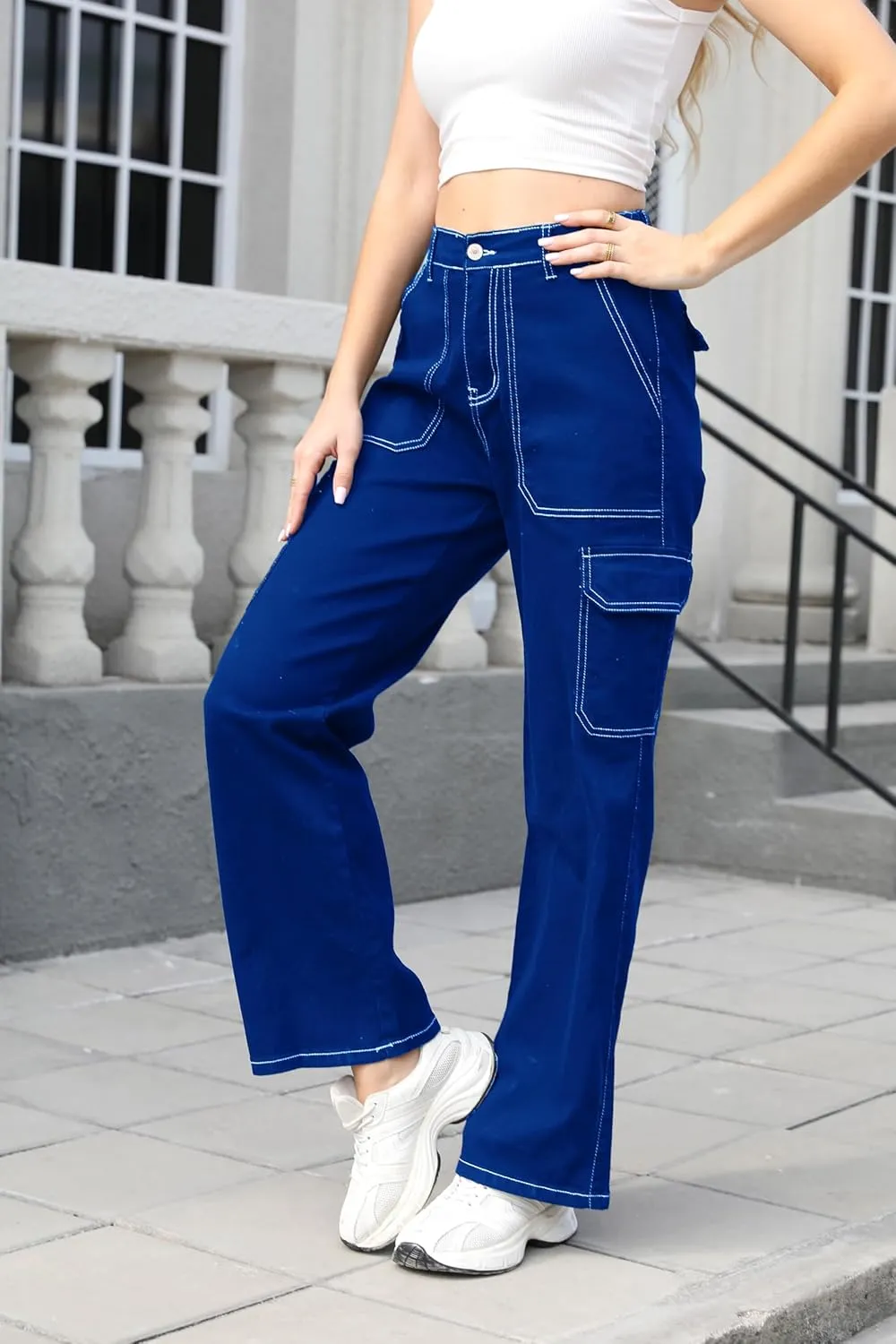 Womens Cargo Denim Jeans High Waisted Stretchy Flap Pocket Straight Leg Pants