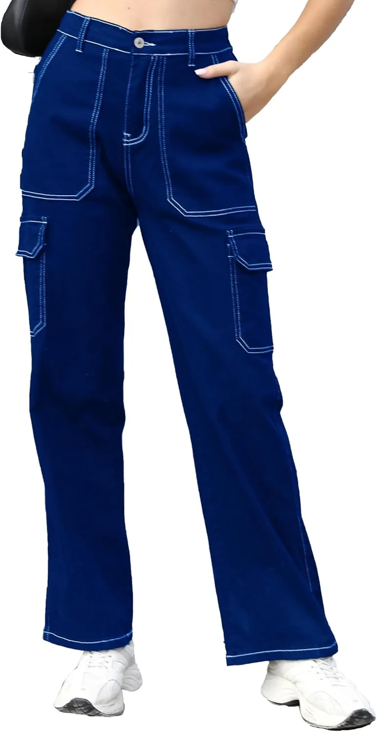 Womens Cargo Denim Jeans High Waisted Stretchy Flap Pocket Straight Leg Pants