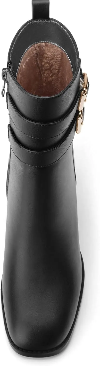 Womens Chunky High Heel Boots - Zip Up, Square Toe, Ankle Booties,Simple Classic Mid Heel Shoes for Women2.5in