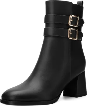 Womens Chunky High Heel Boots - Zip Up, Square Toe, Ankle Booties,Simple Classic Mid Heel Shoes for Women2.5in