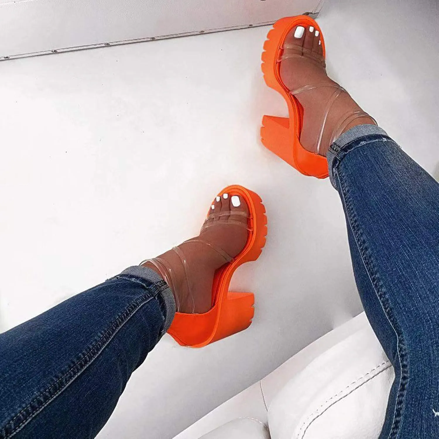 Women's Clear Heeled Sandals Open Toe Ankle Strap Zip Up Chunky High Heels Casual Stylish Wedding Party Dress Pump Shoes