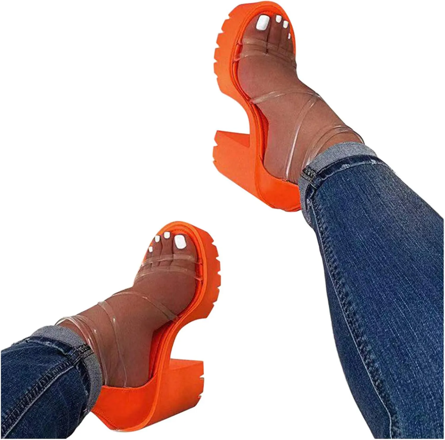 Women's Clear Heeled Sandals Open Toe Ankle Strap Zip Up Chunky High Heels Casual Stylish Wedding Party Dress Pump Shoes